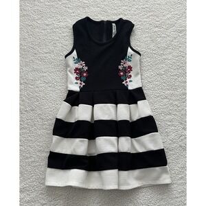 Girls Floral Party Dress Black & White Striped Embroidered Flowers Size 7 Spring